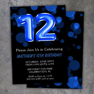 12. Geburtstag Luftballons Kinder Blau Junge Party Einladung