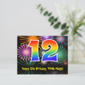 12. Geburtstag – Lustiges Feuerwerk Muster + Regen Postkarte (Stehend Vorderseite)