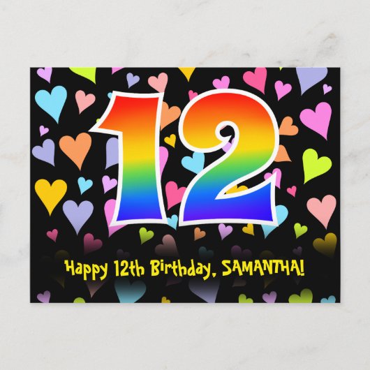 12. Geburtstag: Lustiges Herzen-Muster, Regenbogen Postkarte (Vorderseite)