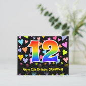 12. Geburtstag: Lustiges Herzen-Muster, Regenbogen Postkarte (Stehend Vorderseite)