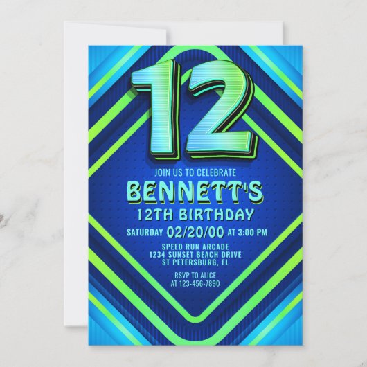 12. Geburtstag Neon Einladung (Vorderseite)