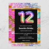12. Geburtstag Regenbogen Glitzer buntes Party Einladung (Vorne/Hinten)