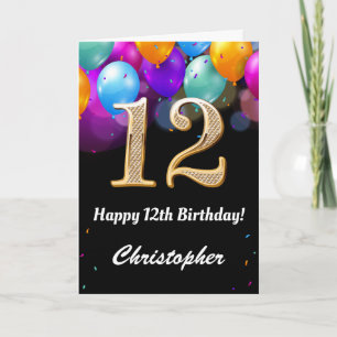 12. Geburtstag Schwarz und Gold farbige Ballons Karte
