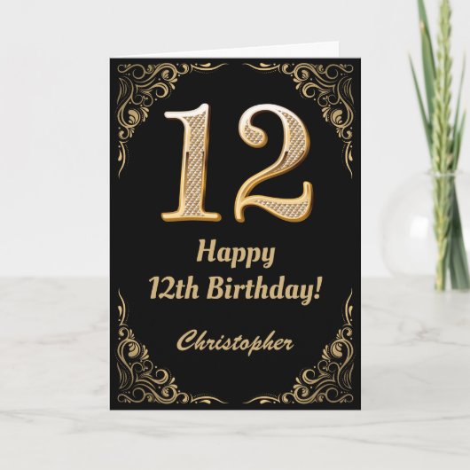 12. Geburtstag Schwarz und Gold Glitzer Rahmen Karte (Vorderseite)