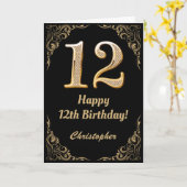 12. Geburtstag Schwarz und Gold Glitzer Rahmen Karte (Gelbe Blume)