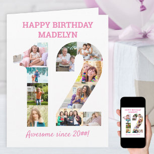12. Geburtstag Zahl 12 Rosa Foto-Collage-Karte Karte