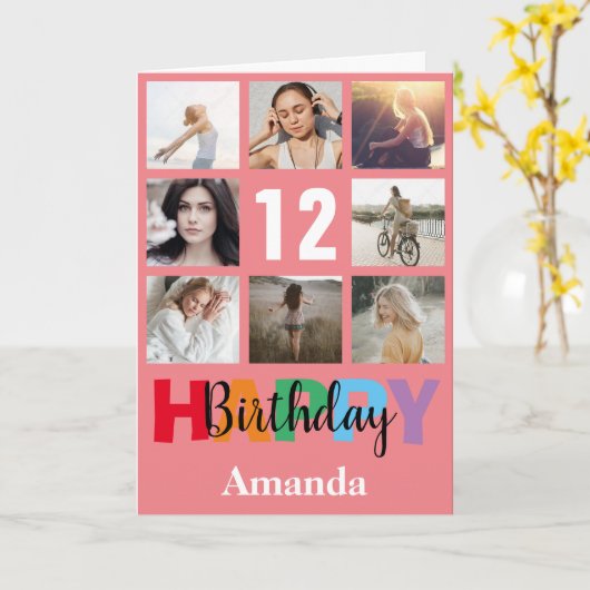 12. Happy Birthday Foto Collage Moderne rosa Karte (Gelbe Blume)