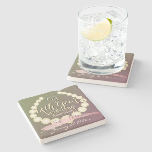 12. Hochzeitstag Seide und Perlen Steinuntersetzer (Seitenansicht)