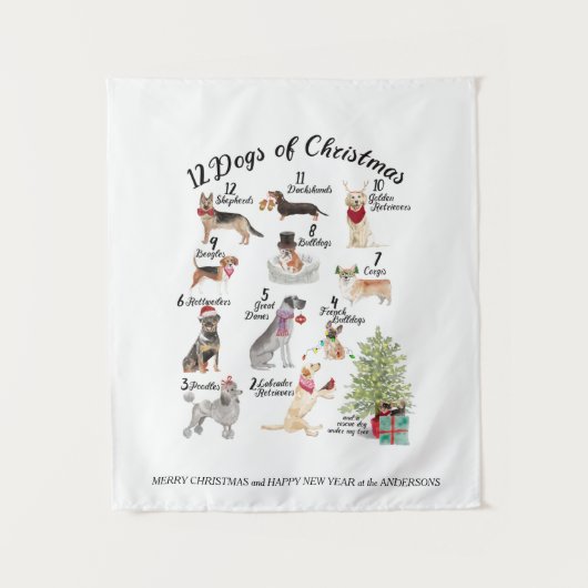 12 Hunde der Weihnachtsfeiertags-Hüte, Schals, Wandteppich (Vorderseite)