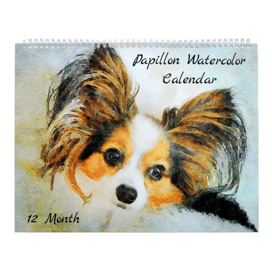 12 Monate Adorable Papillon Dog Aquarellmalerei Kalender (Titelbild)