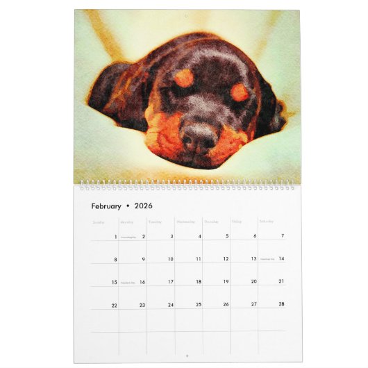 12 Monate Doberman Pinscher Dog Aquarellmalerei Kalender (Feb 2026)