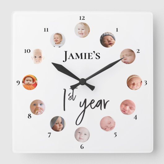 12 Monate Fotos Baby's 1. Jahr Quadratische Wanduhr (Vorderseite)