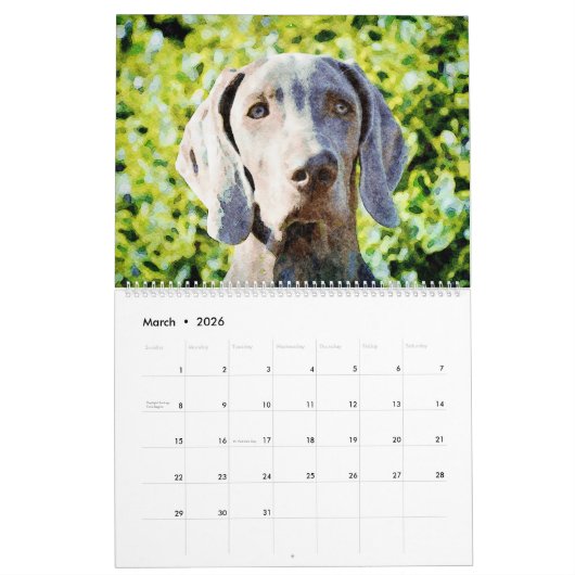 12 Monate Ghosting Weimaraner Hunde Wasserfarbenge Kalender (Mär 2026)