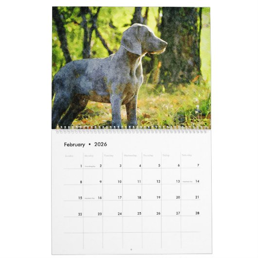 12 Monate Ghosting Weimaraner Hunde Wasserfarbenge Kalender (Feb 2026)
