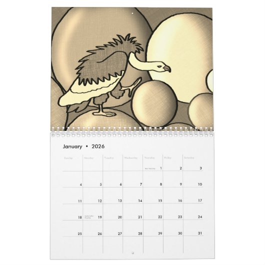 12 Monate Kalender der kindischen Stil sepia Zeich (Jan 2026)