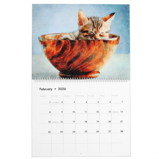 12 Monate Schöne Bengalische Katzen Aquarellmalere Kalender (Feb 2026)