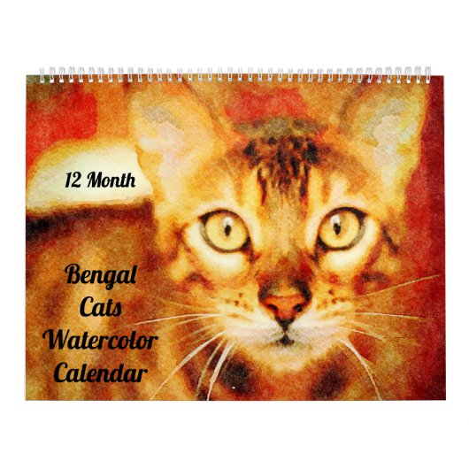 12 Monate Schöne Bengalische Katzen Aquarellmalere Kalender (Titelbild)