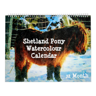 12 Monate Shetland Ponies Watercolor Malerei Kalender