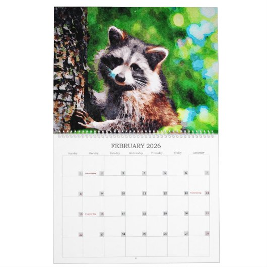 12 Monate Wasserfarbenfroh Raccoon Kunstvoll wande Kalender (Feb 2026)