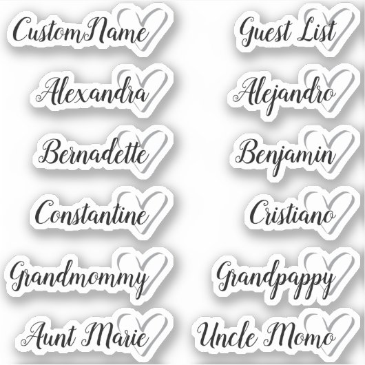 12 Namen Custom Guest List Calligraphy Gray Heart Aufkleber (Vorderseite)