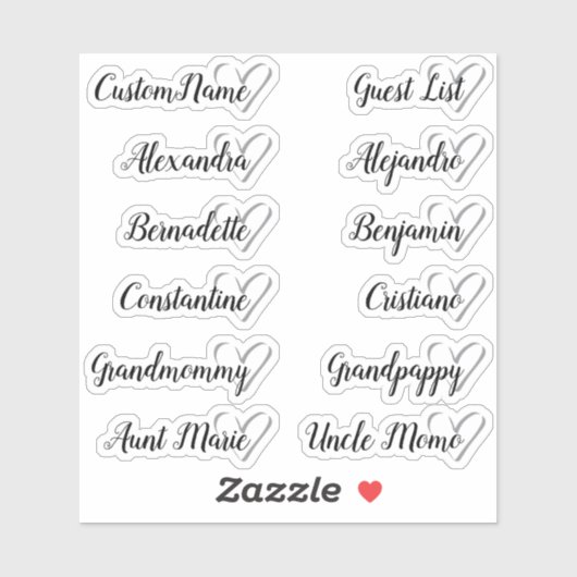 12 Namen Custom Guest List Calligraphy Gray Heart Aufkleber (Blatt)