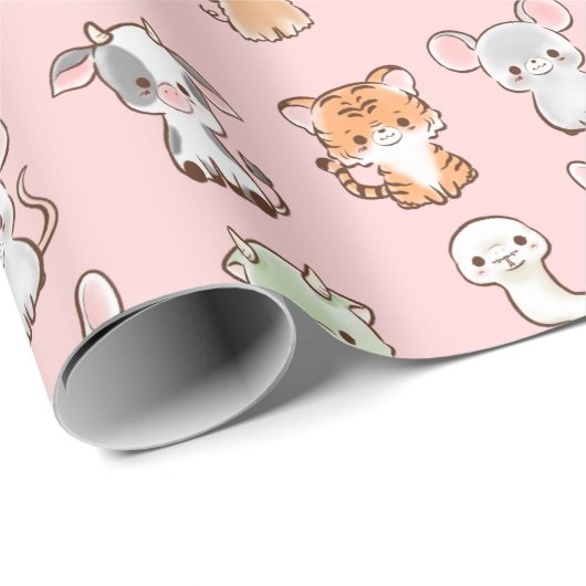 12 Niedliche Chinesische Zodiakische Tiere Kawaii Geschenkpapier (Rolleneckpunkt)