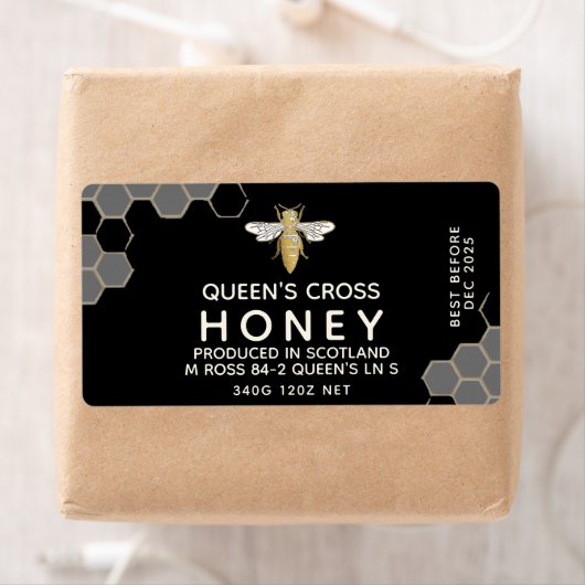 12 oz Honey Hex Jar Label Honigwaben & Queen bee (Insitu)