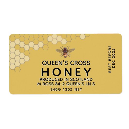 12 oz Honey Hex Jar Label mit Wabenrüben und Biene (Vorne)