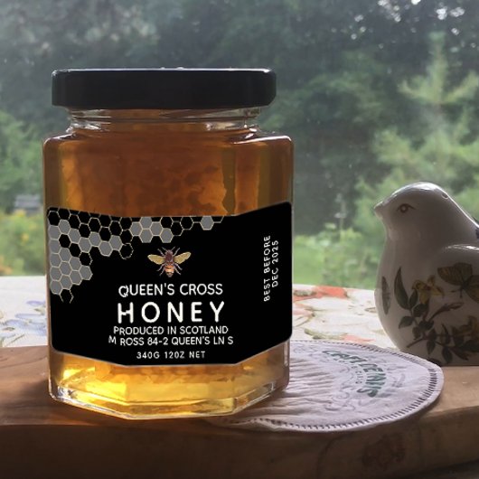 12 oz Honey Hex Jar Label mit Wabenrüben und Biene
