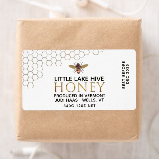 12 oz Honey Hex Jar Label mit Wabenrüben und Biene (Insitu)