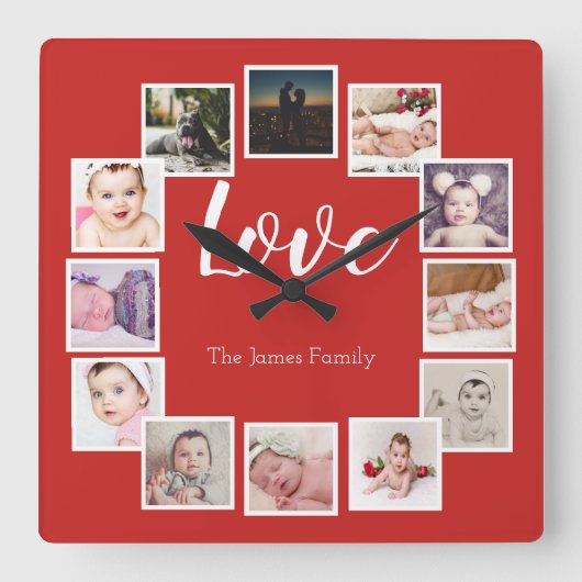 12 Personalisierte FotoCollage Quadratische Wanduhr (Vorderseite)