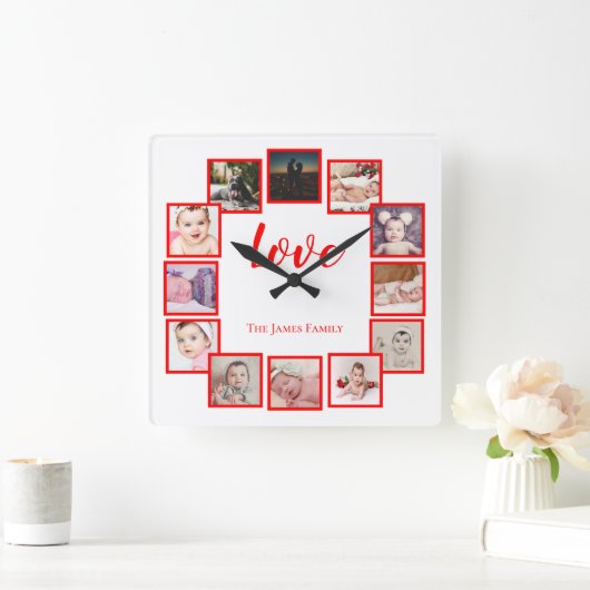 12 Personalisierte FotoCollage Quadratische Wanduhr (Zuhause)