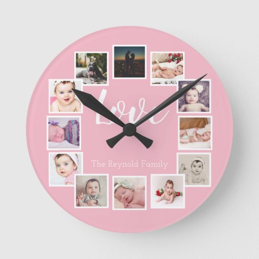12 Personalisiertes Fotomaterial Rosa Runde Wanduhr (Vorderseite)
