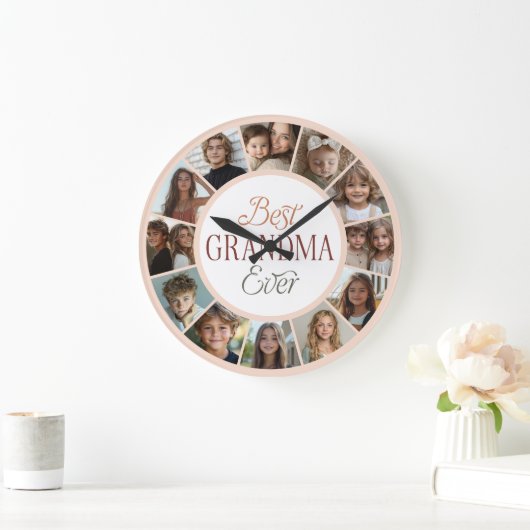 12 Photo Collage Best Grandma Ever Large Clock Große Wanduhr (Zuhause)