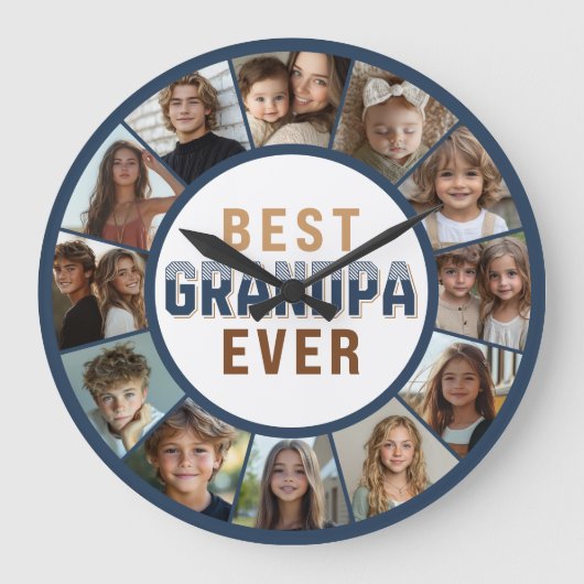 12 Photo Collage Best Grandpa Ever Large Clock Große Wanduhr (Vorderseite)