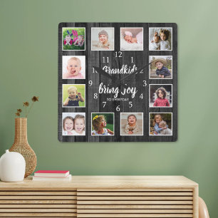 12 Photo Collage Black Wood Grandkids Quote Quadratische Wanduhr