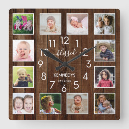 12 Photo Collage Blessed Family Name Pallet Wood Quadratische Wanduhr