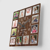 12 Photo Collage Blessed Family Name Pallet Wood Quadratische Wanduhr (Winkel)