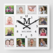 12 Photo Collage Family Name Monogram Black White Quadratische Wanduhr (Vorderseite)