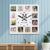 12 Photo Collage Family Name Monogram Black White Quadratische Wanduhr