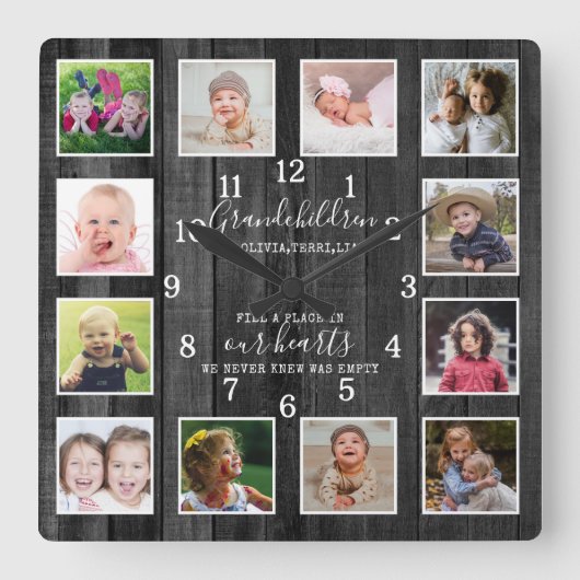 12 Photo Collage Grandchildren Quote Black Wood Quadratische Wanduhr (Vorderseite)