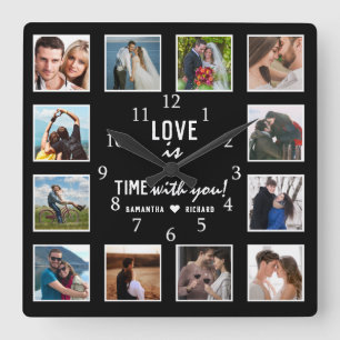 12 Photo Collage Love Quote Wedding Anniversary Quadratische Wanduhr