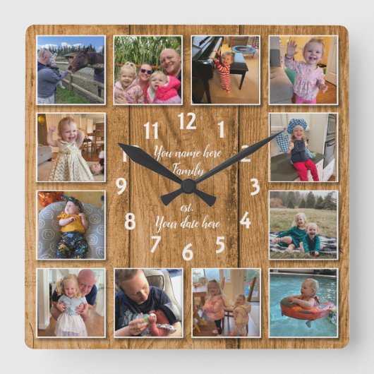 12 Photo Collage Personalized Wall Clock Quadratische Wanduhr (Vorderseite)