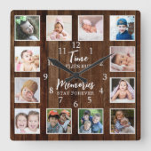 12 Photo Collage Time Memories Quote Pallet Wood Quadratische Wanduhr (Vorderseite)