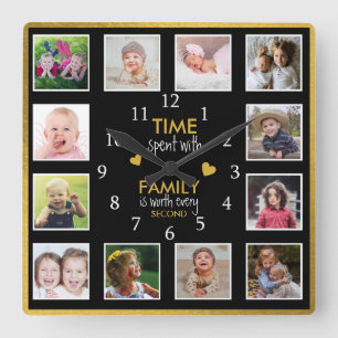 12 Photo Collage Time With Family Quote Black Gold Quadratische Wanduhr