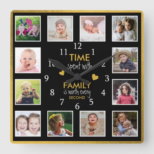 12 Photo Collage Time With Family Quote Black Gold Quadratische Wanduhr (Vorderseite)