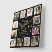 12 Photo Collage Time With Family Quote Black Gold Quadratische Wanduhr (Winkel)