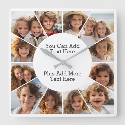 12 Photo Minimal Grid with Simple Text  Square Wal Quadratische Wanduhr (Vorderseite)
