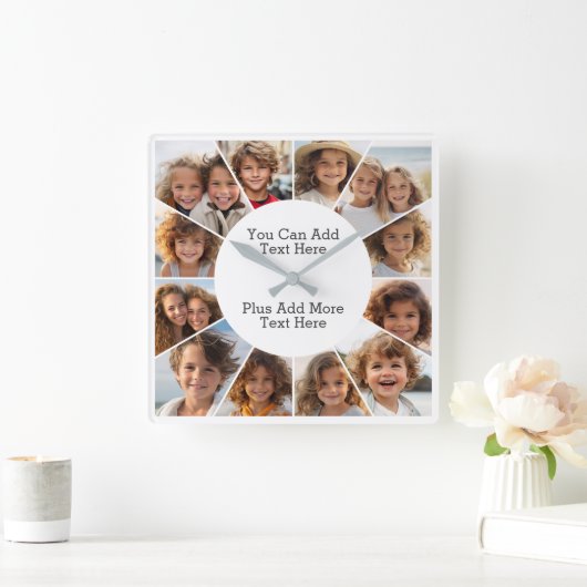 12 Photo Minimal Grid with Simple Text  Square Wal Quadratische Wanduhr (Zuhause)