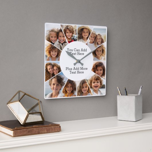 12 Photo Minimal Grid with Simple Text  Square Wal Quadratische Wanduhr (Büro)